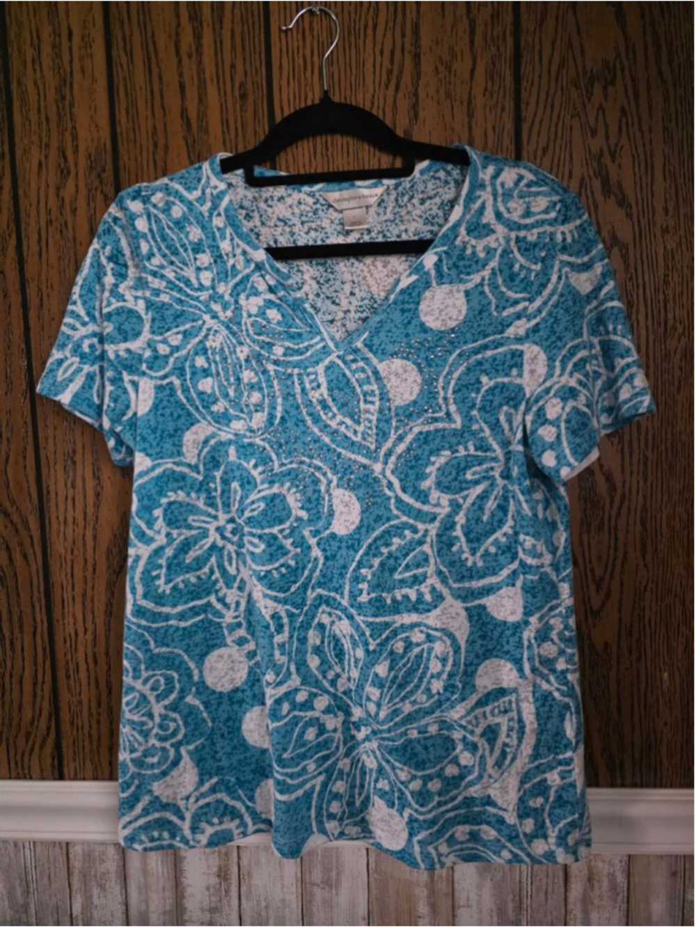 Women's Christopher & Banks Blue White Floral Short Sleeve Tee L NWOT